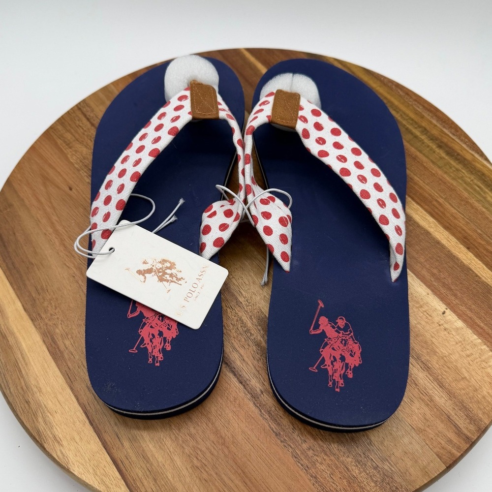US Polo Assn Women's 9/10 Flip Flops Navy Blue Red Polka Dot Thong Sandals 1105